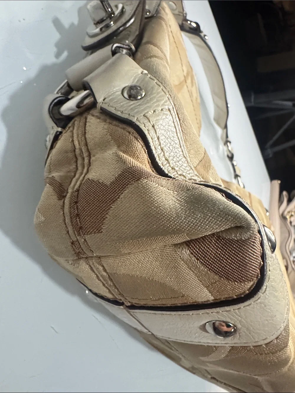 Coach Carly Small Signature Canvas Hobo in Beige and Brown